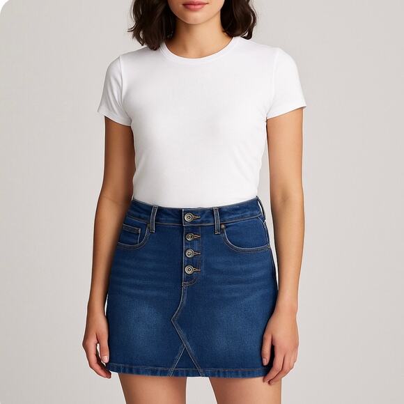 A Loves A Womens Denim Mini Skirt Sz 28 Button-Fly Dark Wash Stretch $89 - Picture 1 of 15